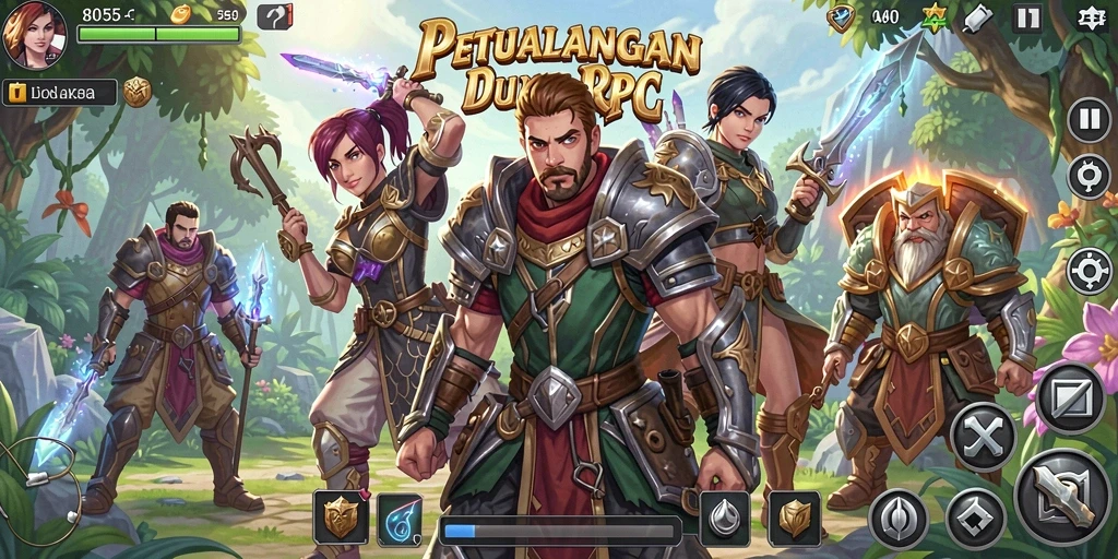 Screenshot utama 8055 menampilkan aksi seru dalam pertempuran RPG yang menegangkan.