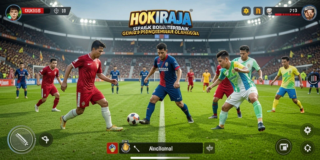 Screenshot HOKIRAJA menampilkan aksi mendebarkan permainan sepak bola.