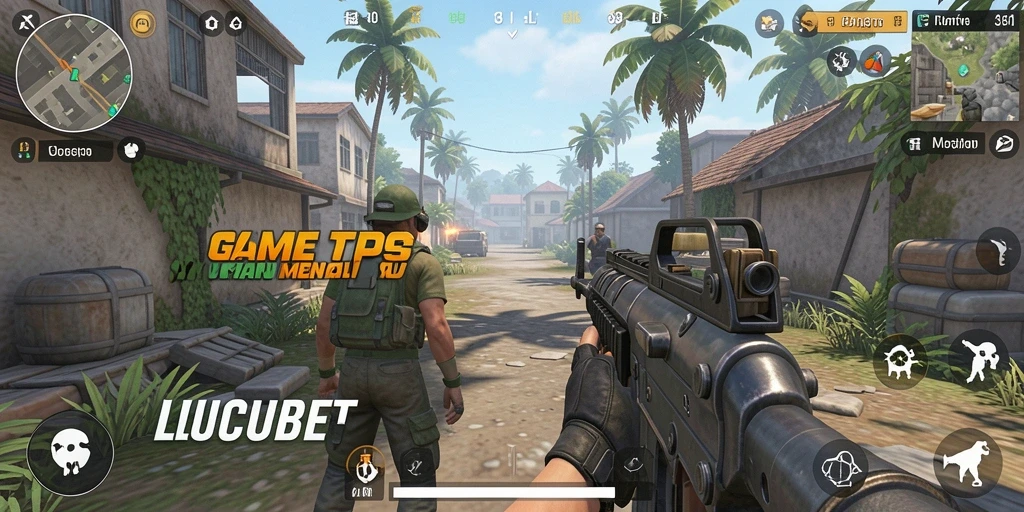 Tangkapan layar utama LUCUBET menampilkan aksi intens gameplay TPS.