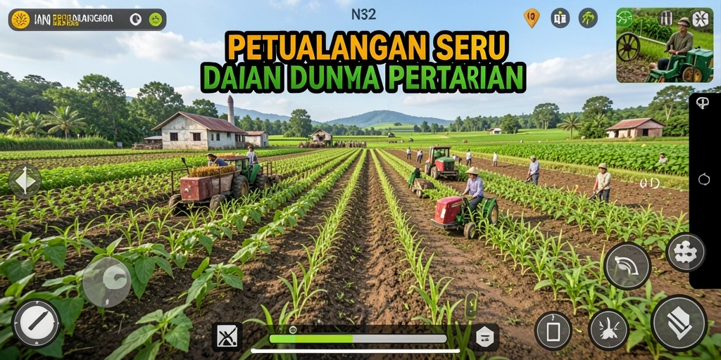 Screenshot gameplay N32 menampilkan ladang subur dan petani bekerja.