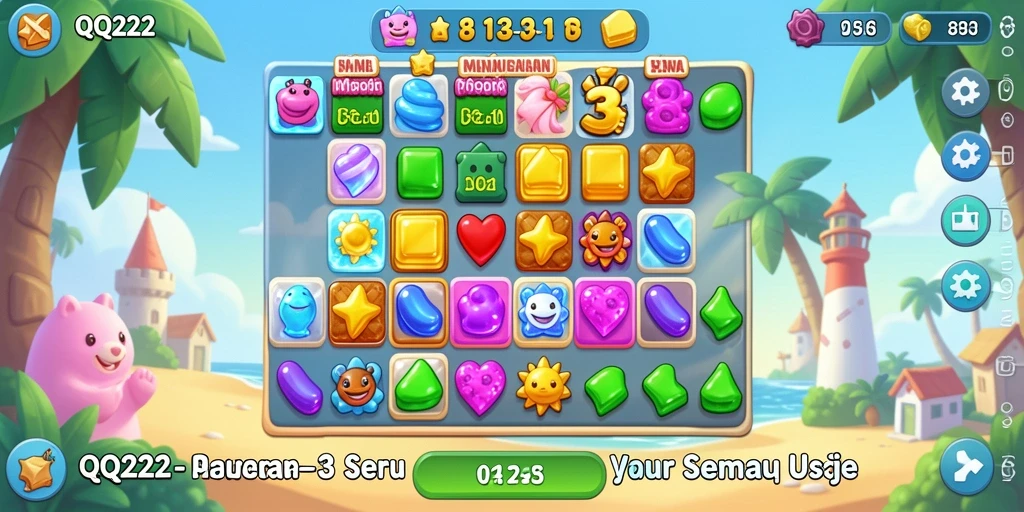 Screenshot utama QQ222 menampilkan gameplay match-3 yang menarik dan penuh warna.