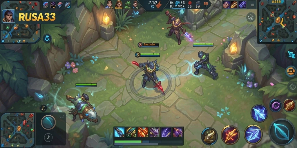 Screenshot aksi pertarungan seru di RUSA33 yang menampilkan gameplay MOBA.