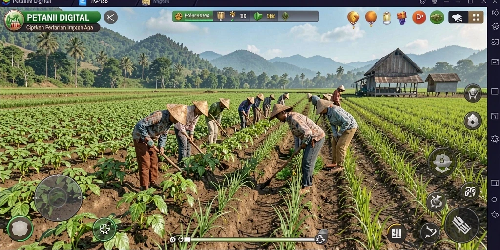 Screenshot gameplay TKP188 yang menampilkan ladang subur dan hewan ternak.