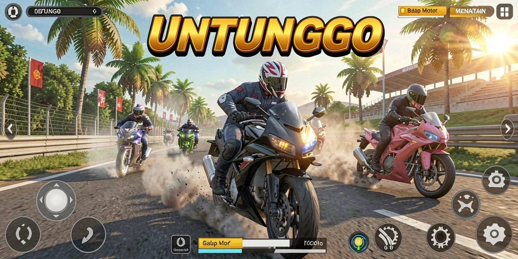 Screenshot UNTUNGGO menampilkan aksi balap motor yang mendebarkan.